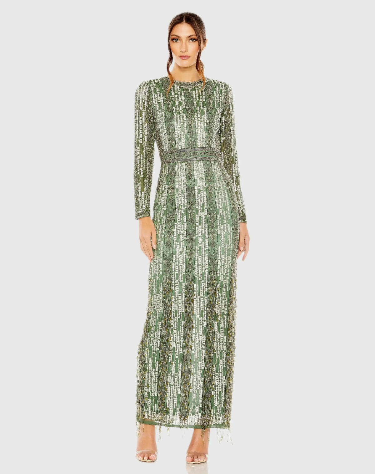 Green Long Sleeve Beaded Gown with Crystal Fringe