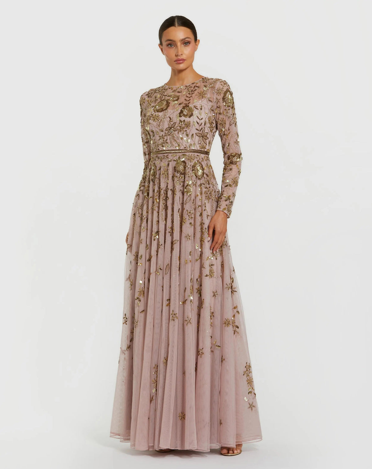 Light Purple Long Sleeve Hand Embellished Floral A-line Gown