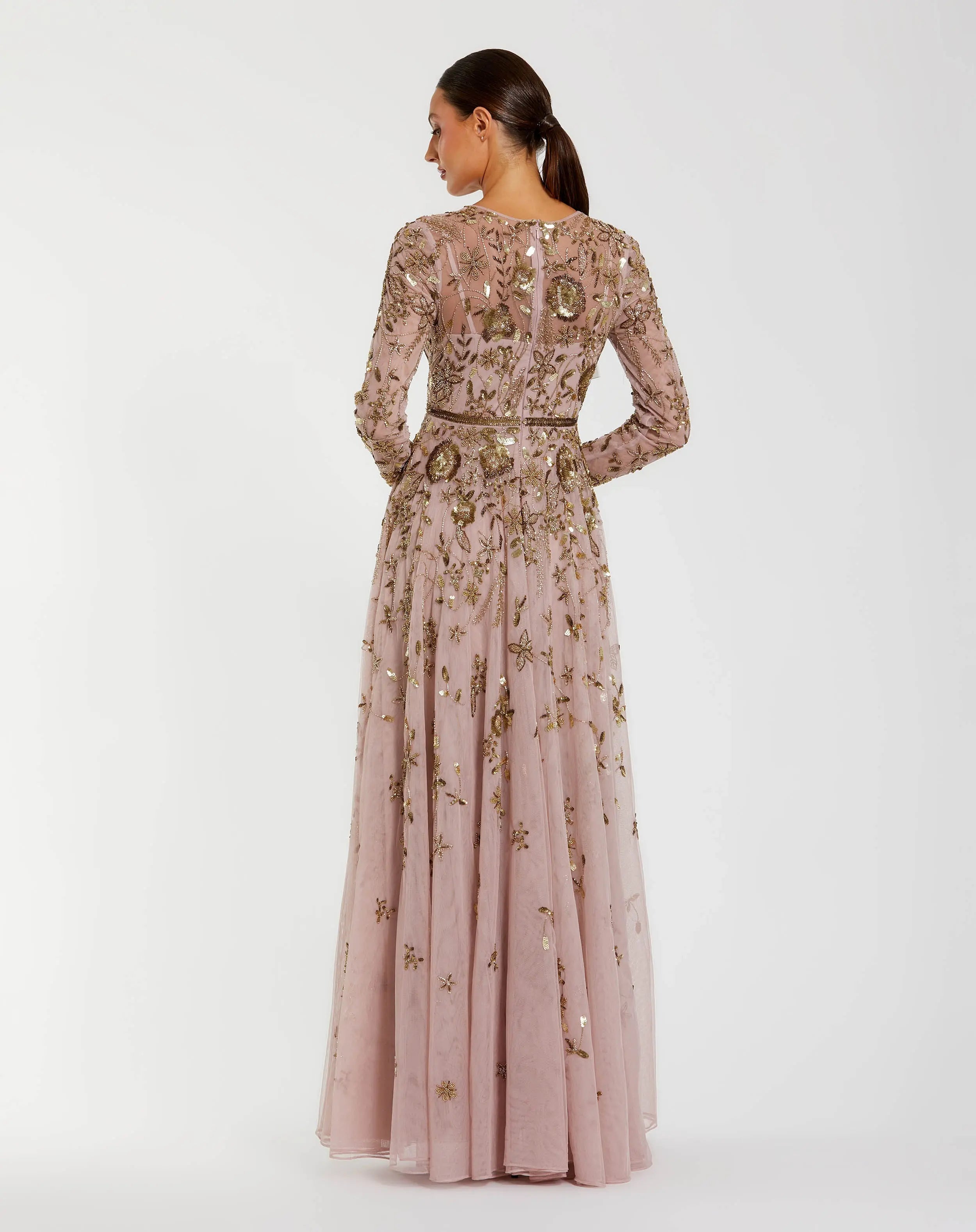 Light Purple Long Sleeve Hand Embellished Floral A-line Gown