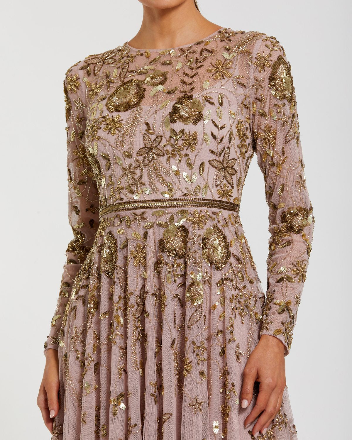 Light Purple Long Sleeve Hand Embellished Floral A-line Gown