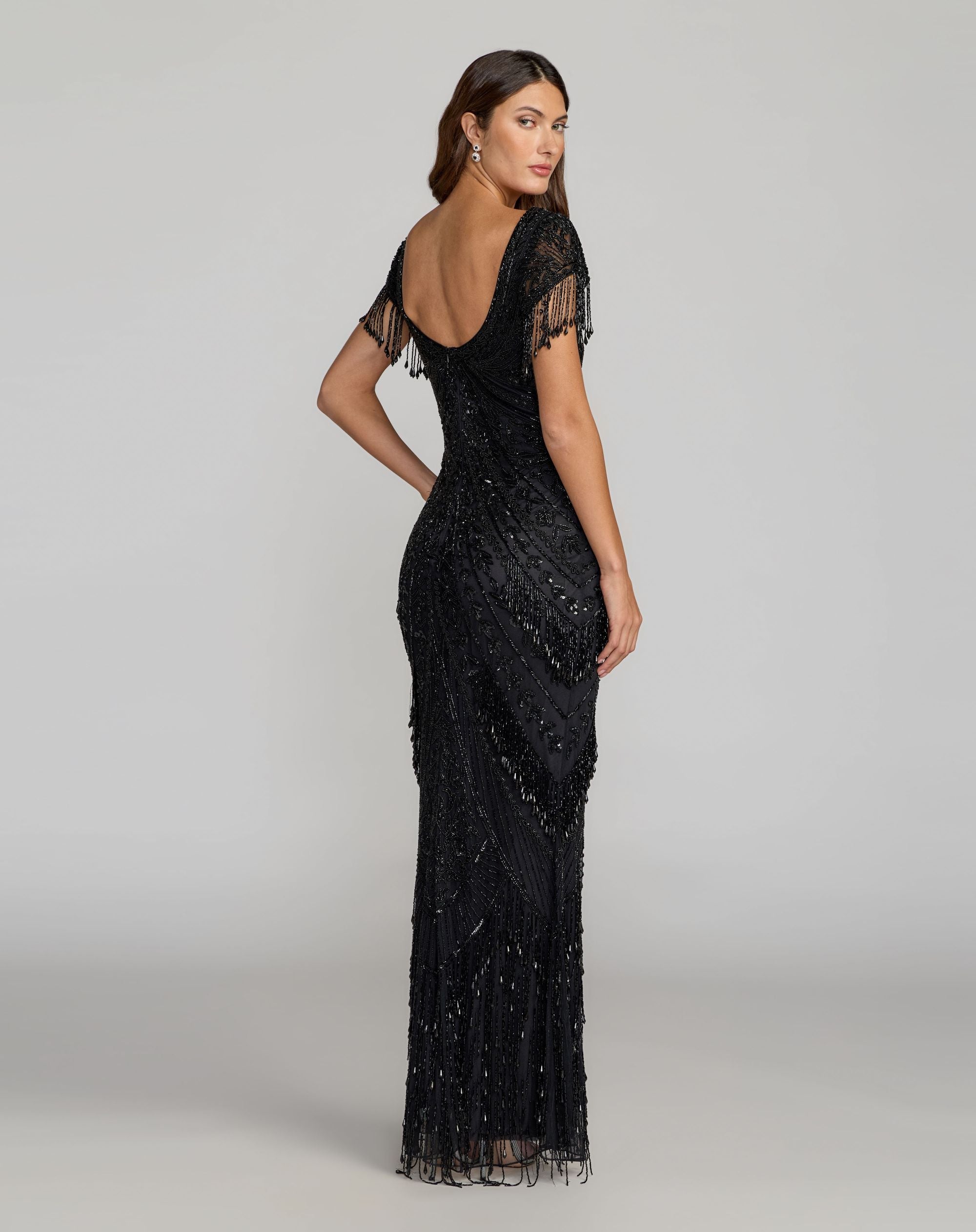 Black Cap Sleeve Beaded Fringe Column Gown