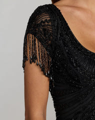 Black Cap Sleeve Beaded Fringe Column Gown