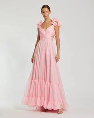 Pink Ruffle Tiered Cut-Out Chiffon Gown