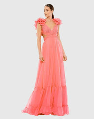 Pink Ruffle Tiered Cut-Out Chiffon Gown