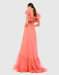 Pink Ruffle Tiered Cut-Out Chiffon Gown