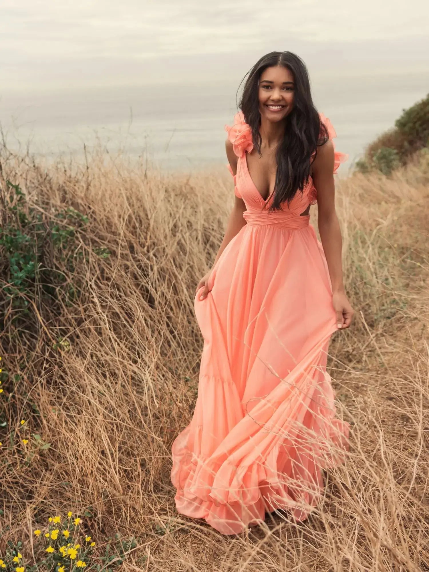 Pink Ruffle Tiered Cut-Out Chiffon Gown