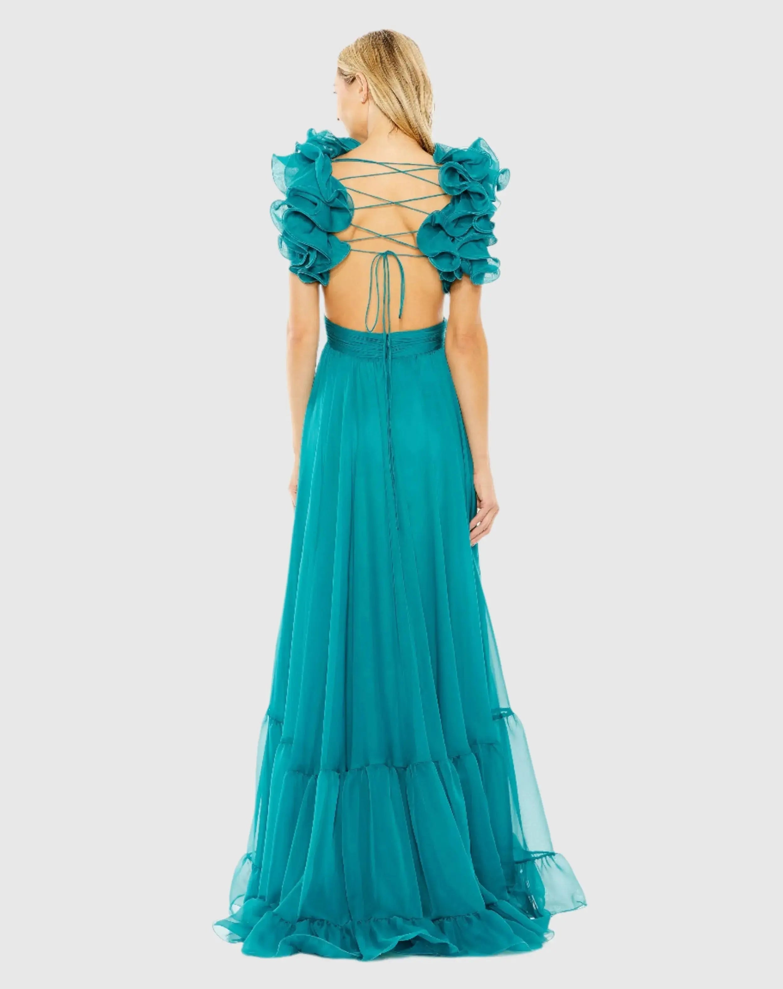 Blue Ruffle Tiered Cut-Out Chiffon Gown