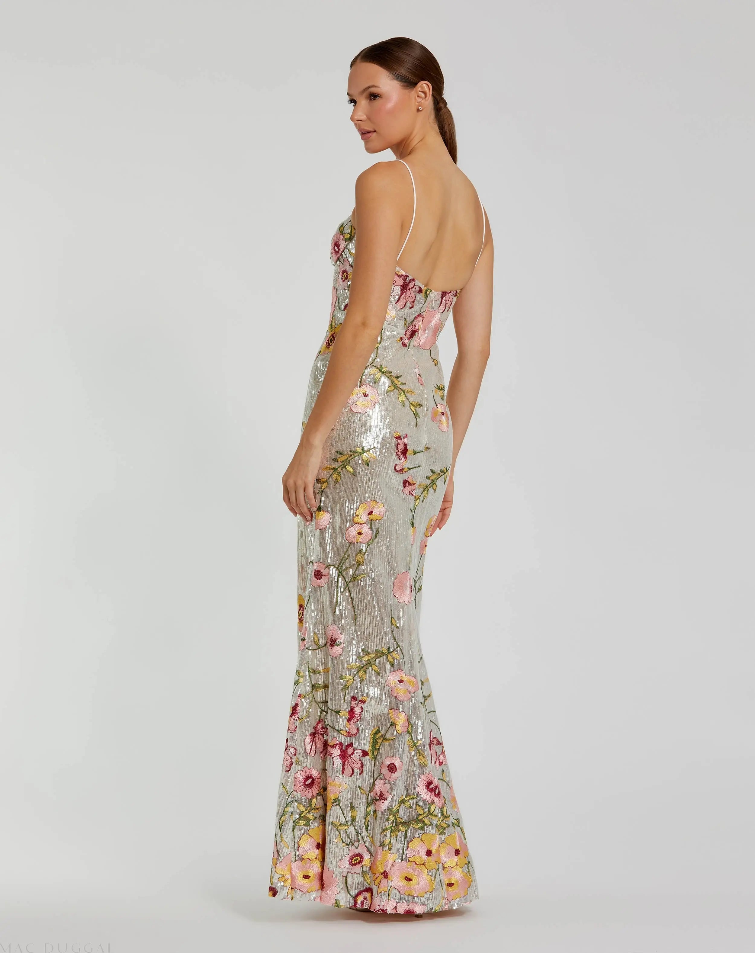 Silver Sleeveless Bustier Floral Applique Gown