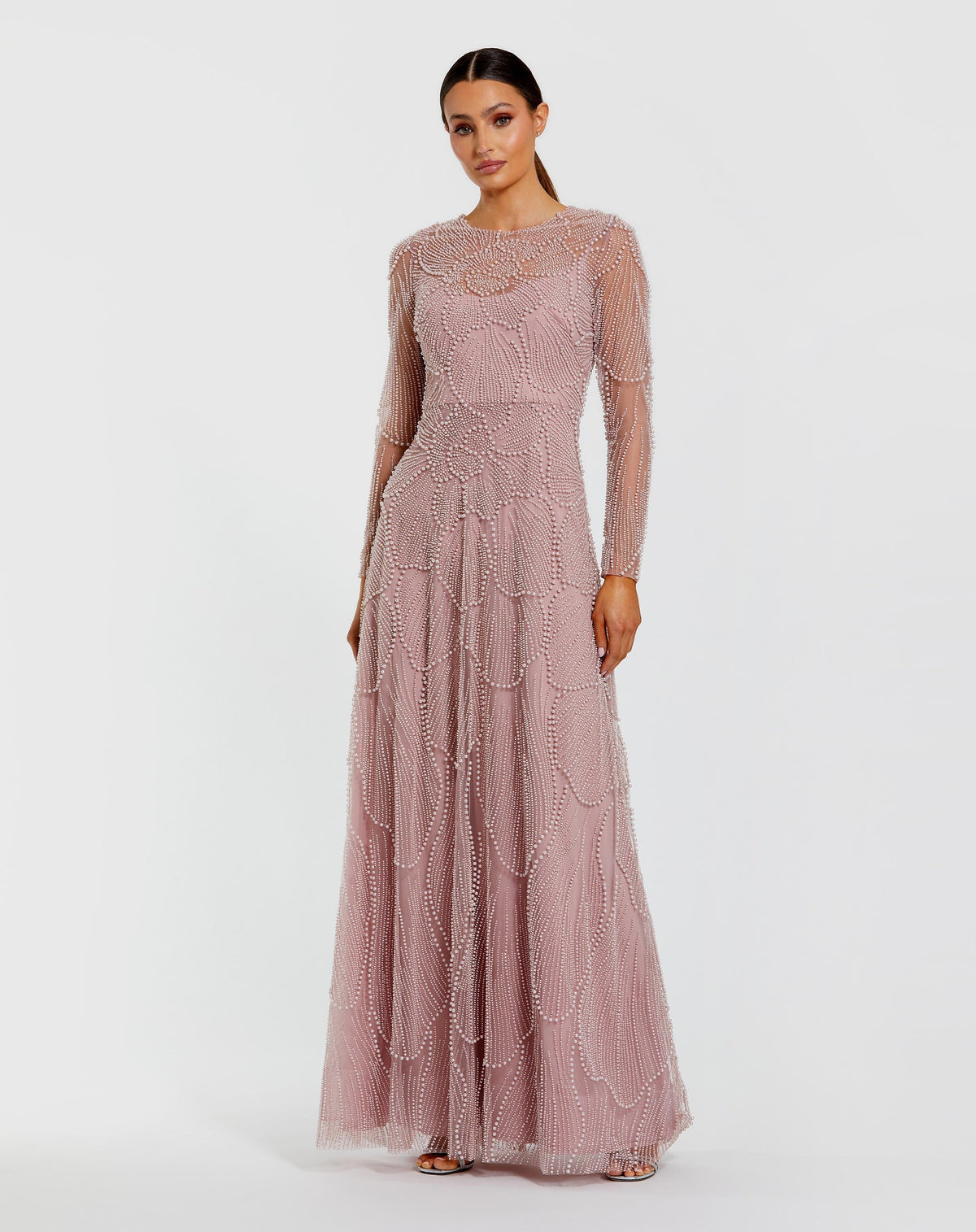 Pink Beaded High Neck Long Sleeve A Line Gown