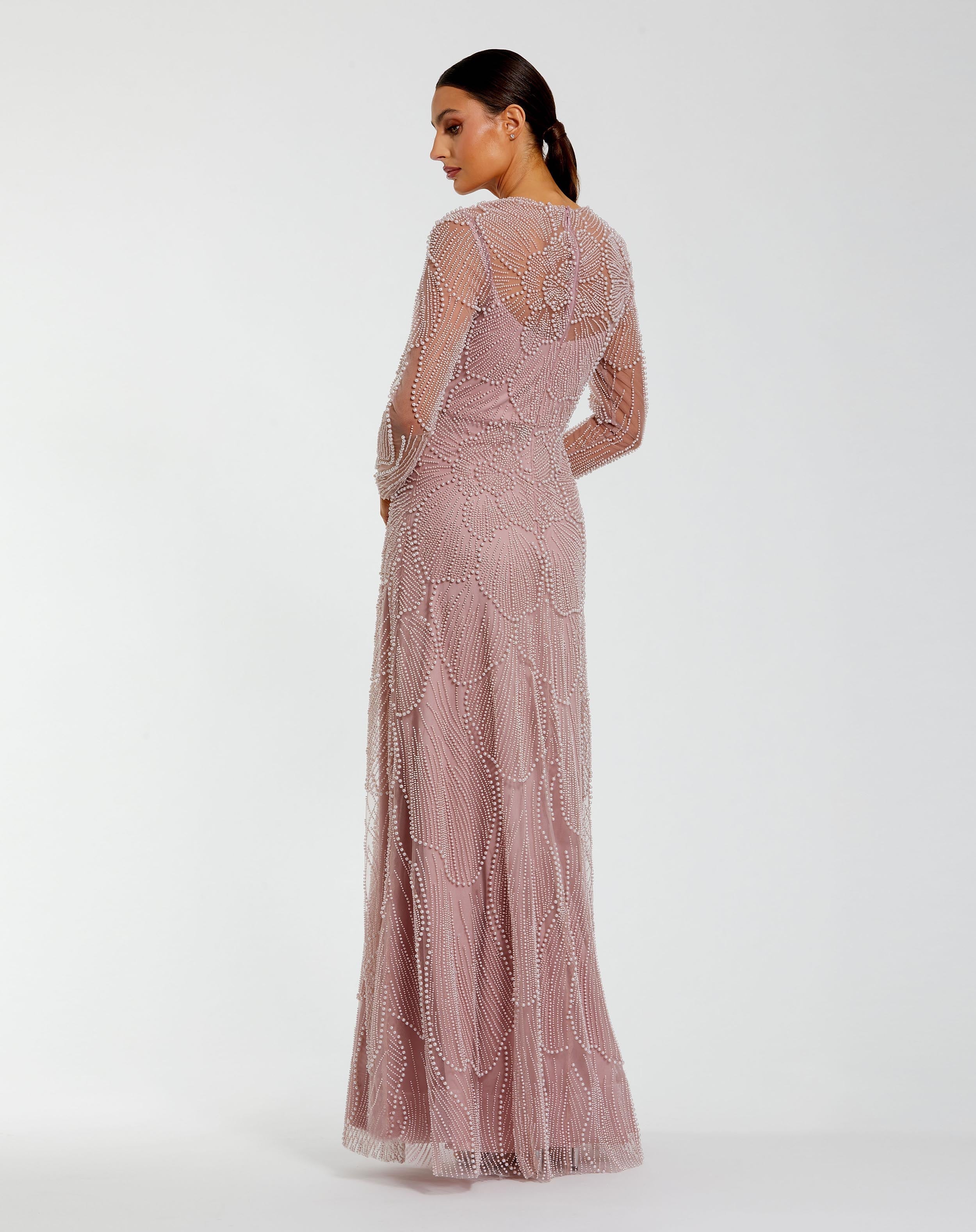 Pink Beaded High Neck Long Sleeve A Line Gown
