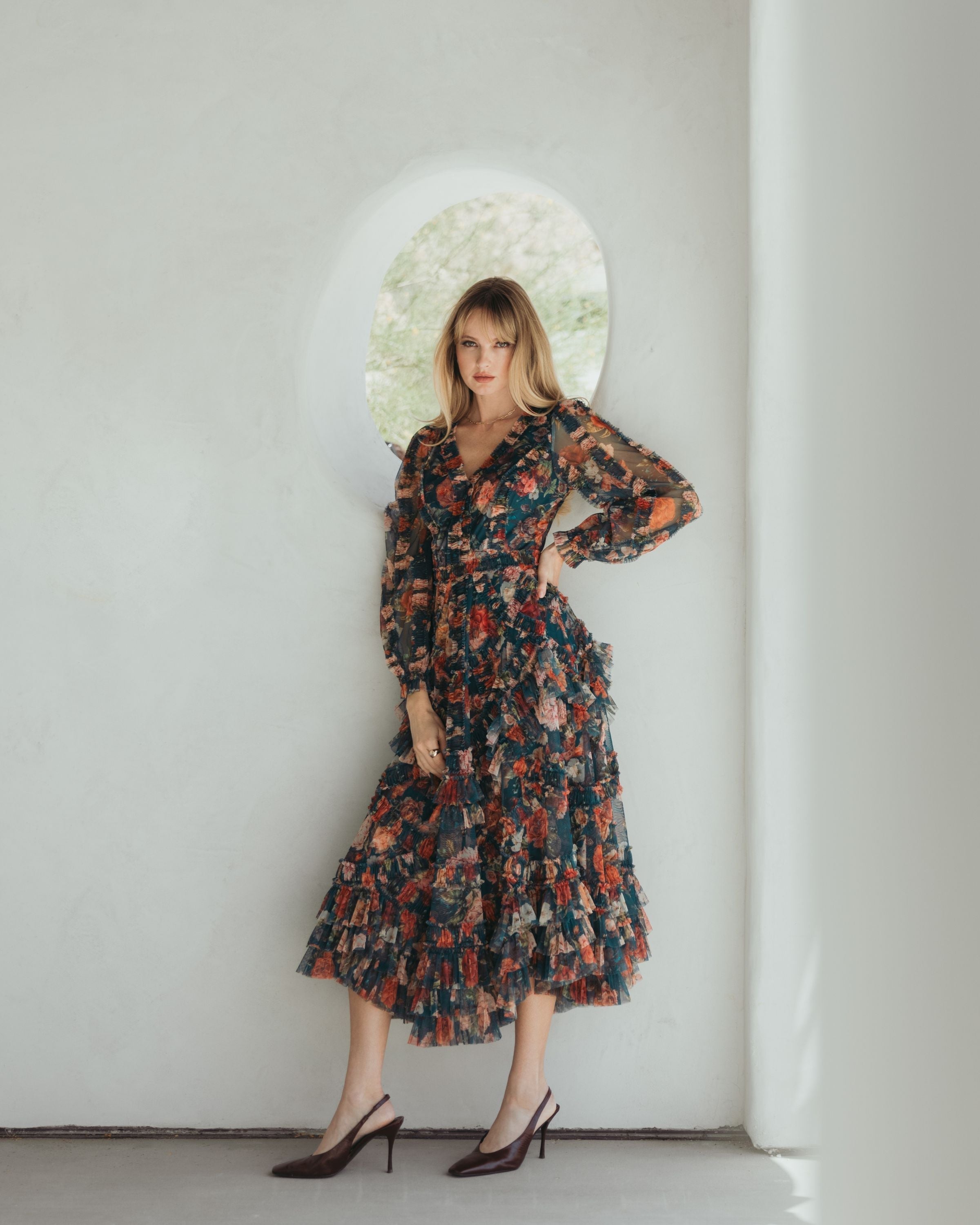 Teal Long Sleeve Floral Midi Dress With Ruffles