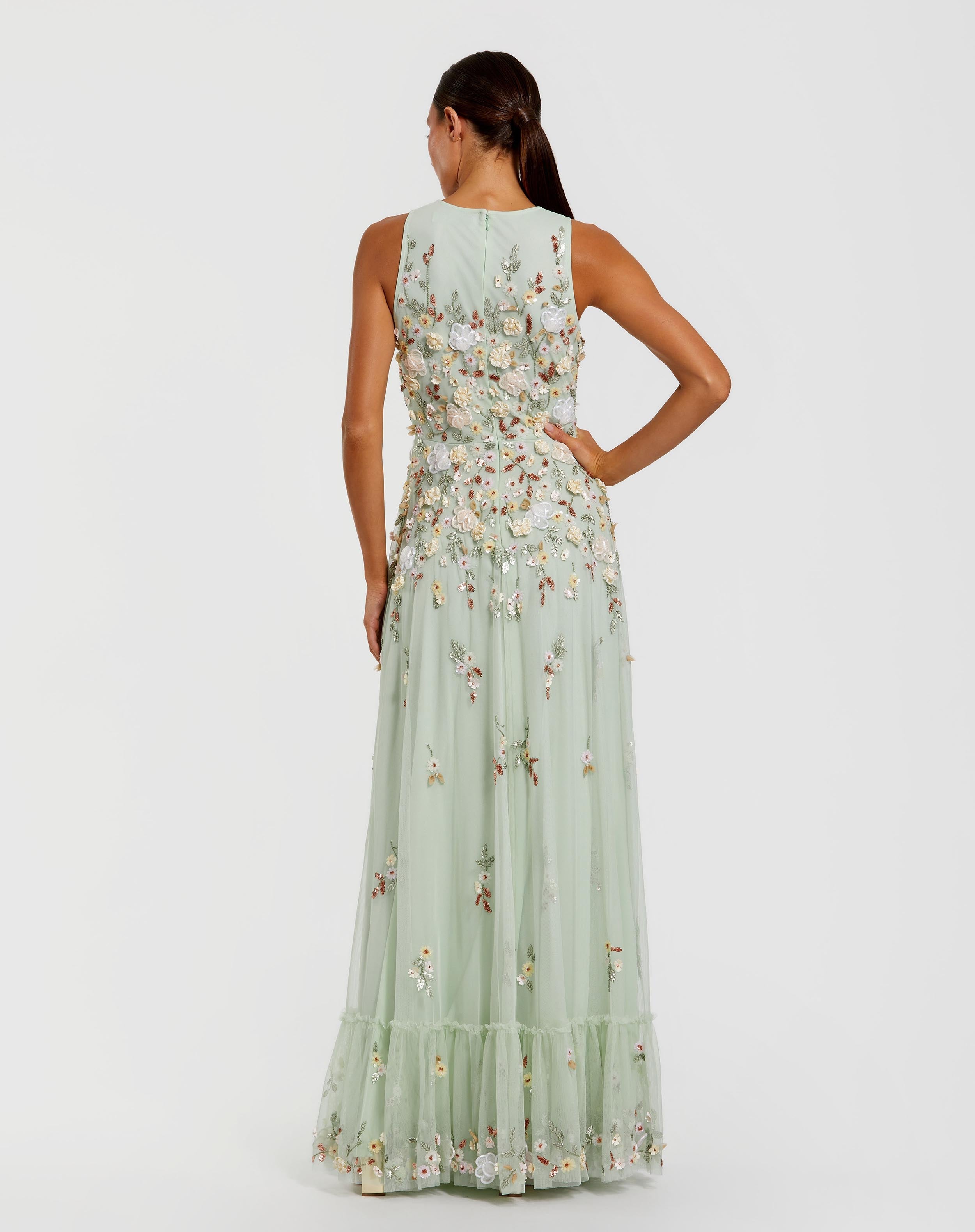 Green Floral Embellished High Neck Sleeveless Gown