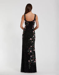 Black Floral Beaded Mesh Scoop Neck Sleeveless Gown
