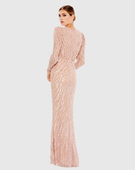 Pink Beaded Puff Sleeve Trumpet Evening Gown