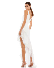 White Asymmetrical Ruffled V-Neck Chiffon Dress