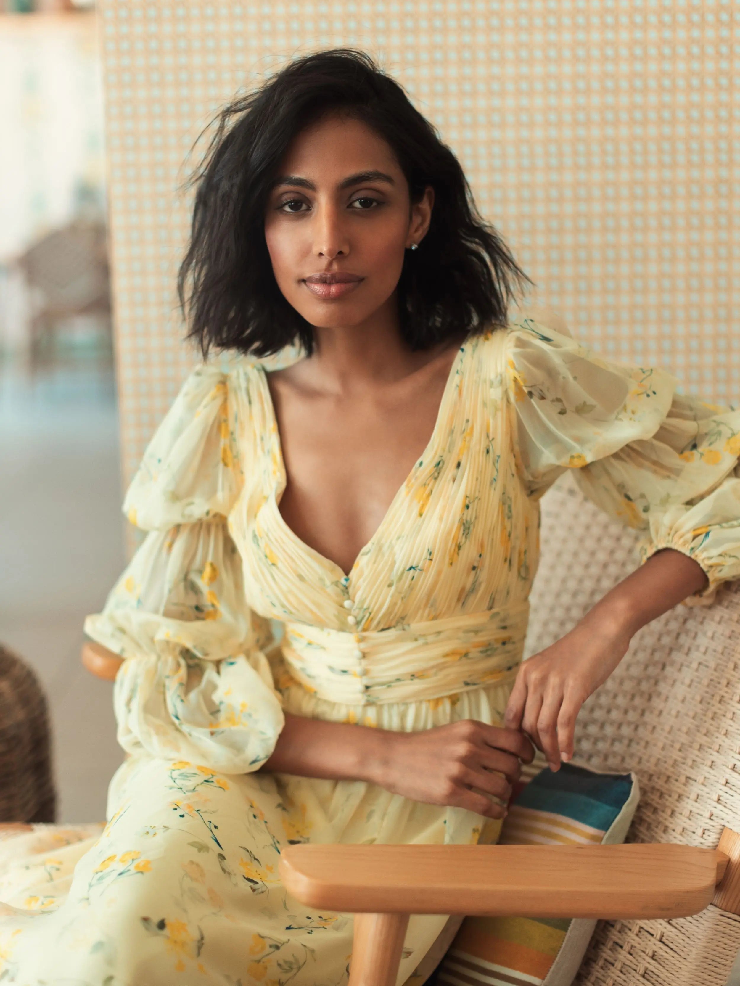 Yellow Floral Print Chiffon Illusion Tiered Puff Dress