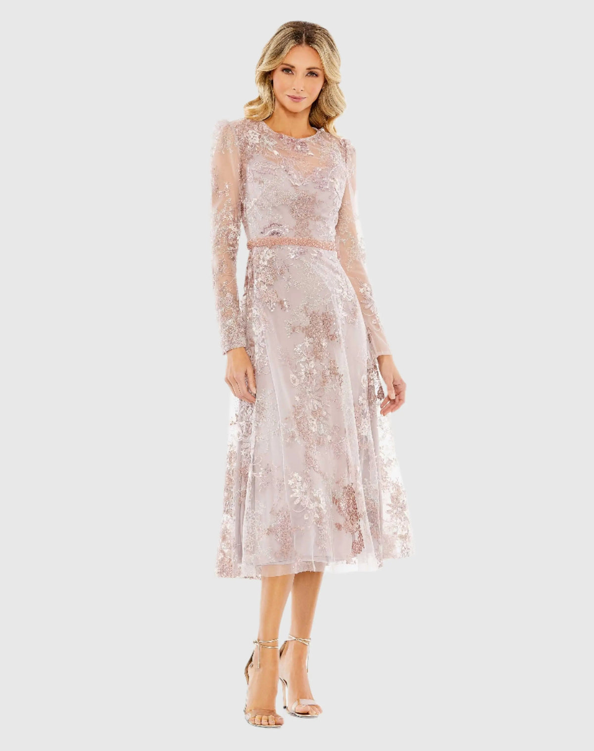 Pink Embellished Illusion Long Sleeve Midi Dress