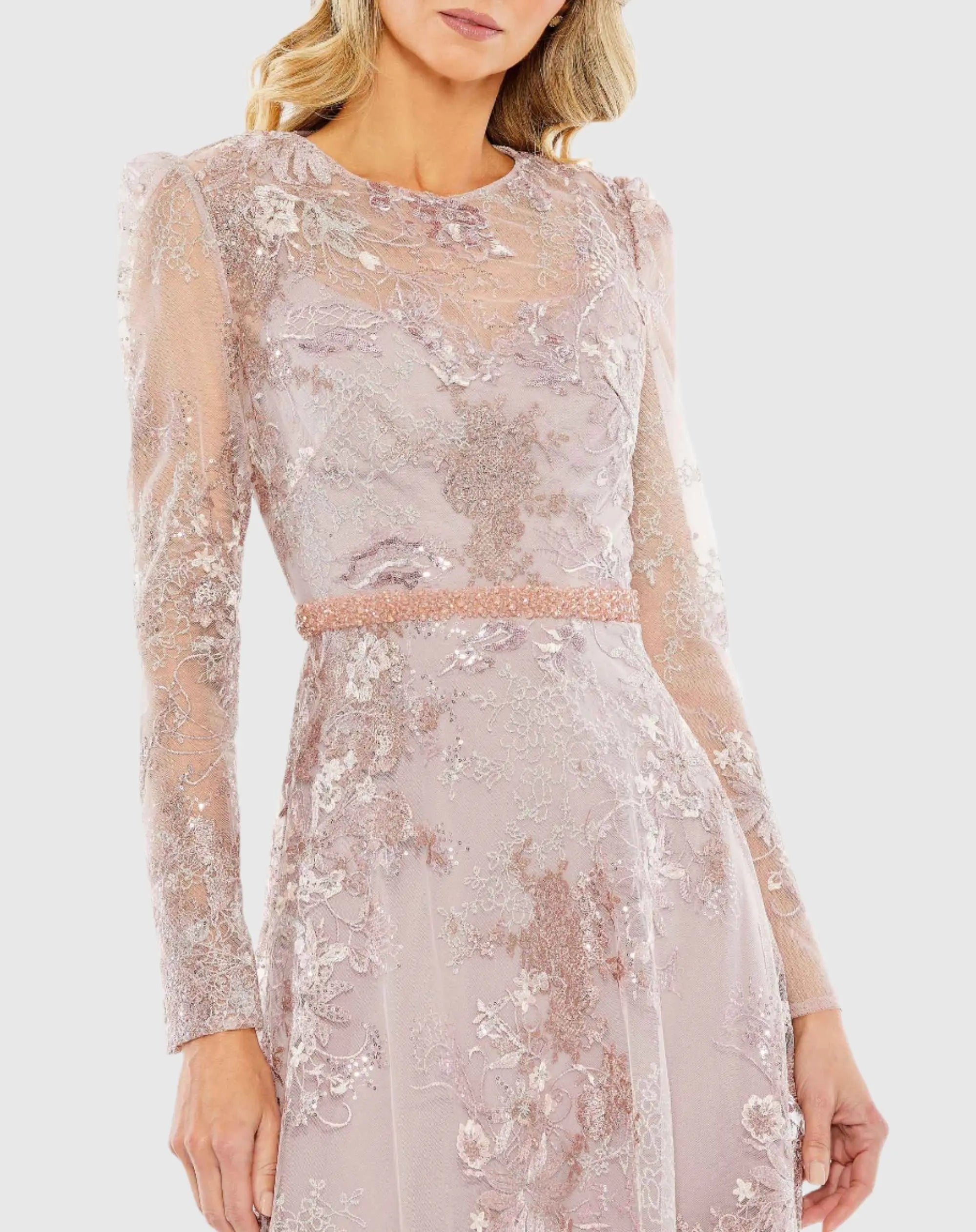 Pink Embellished Illusion Long Sleeve Midi Dress