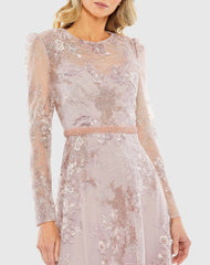 Pink Embellished Illusion Long Sleeve Midi Dress