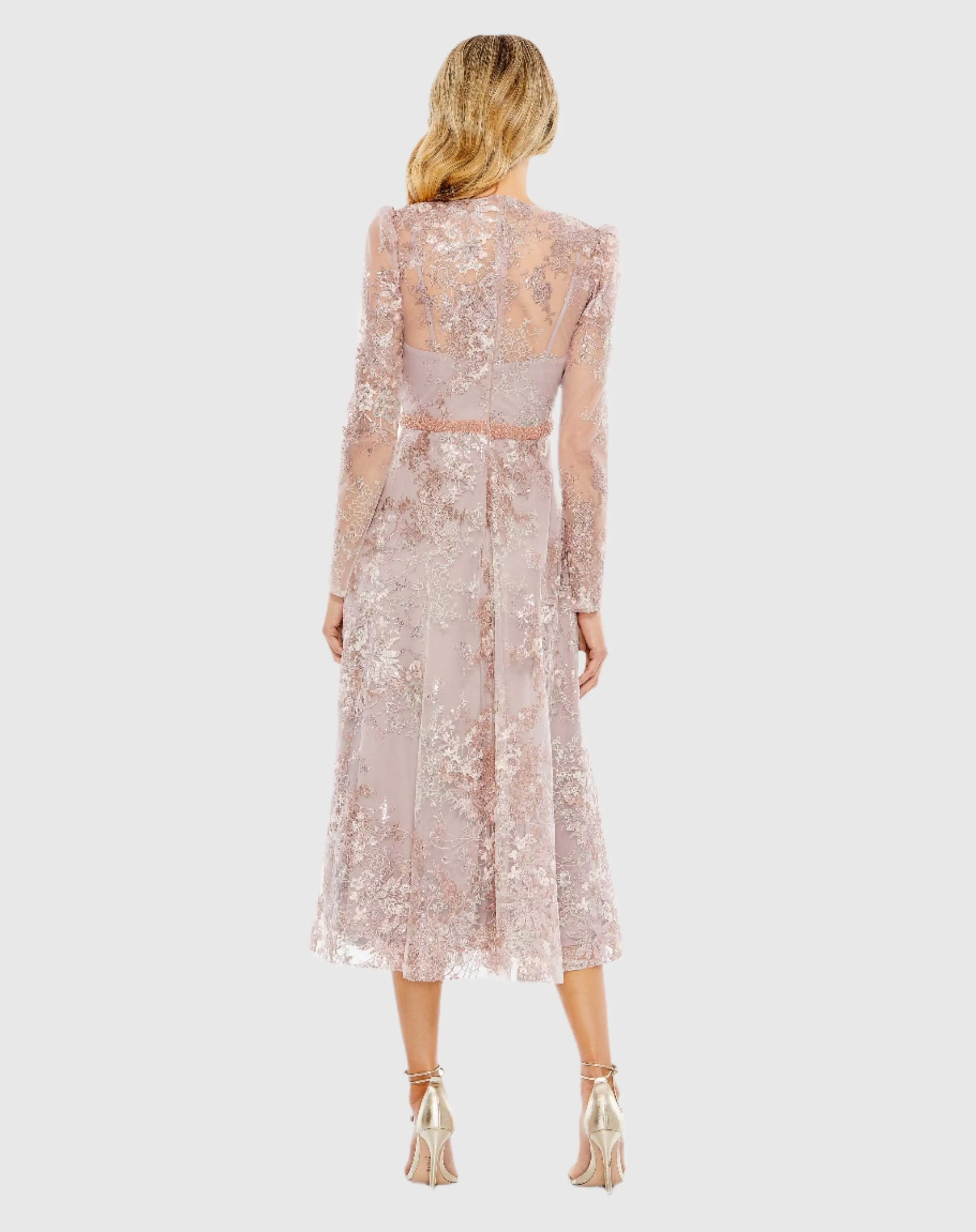 Pink Embellished Illusion Long Sleeve Midi Dress
