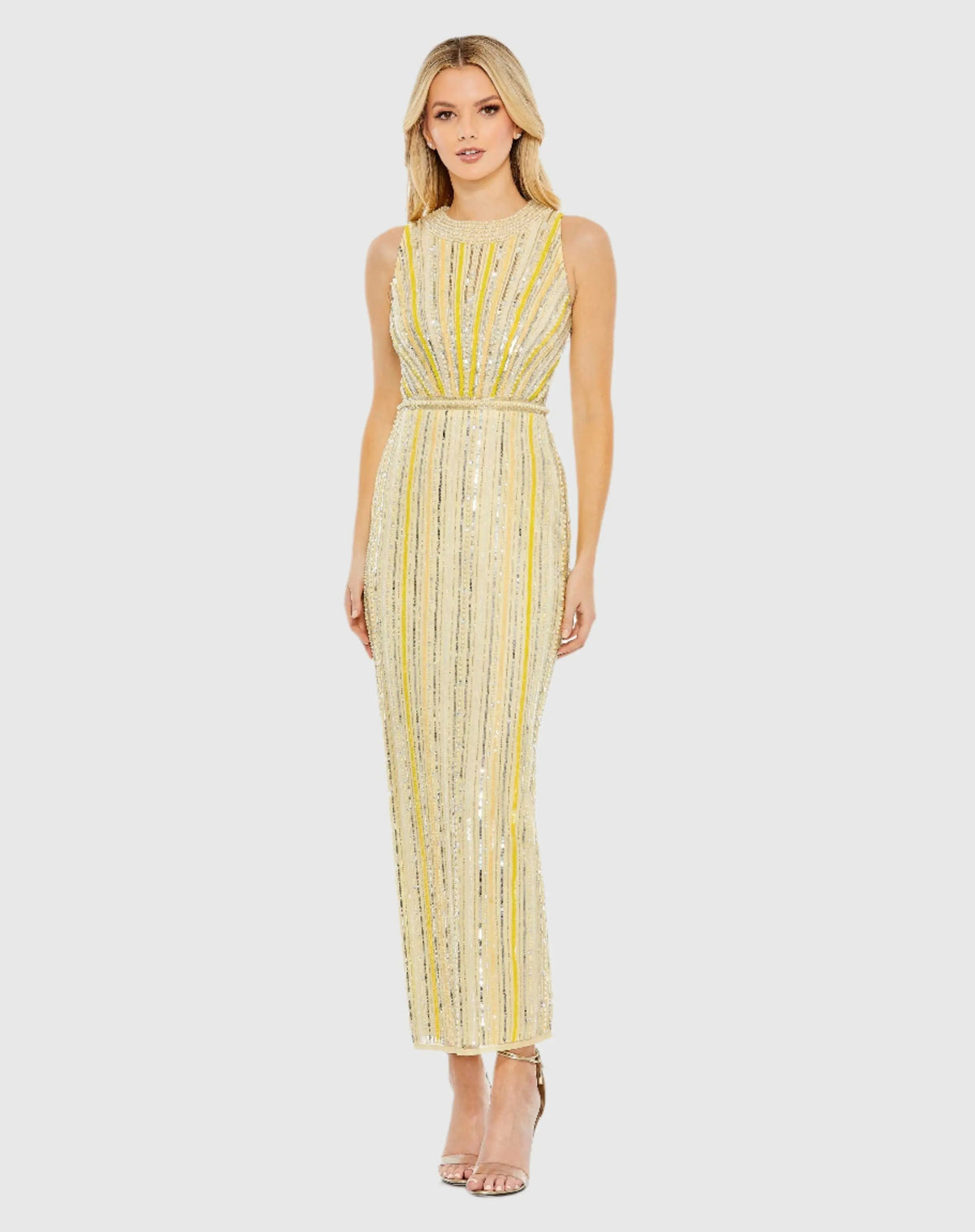 Yellow Embellished Halter Neckline Sheath Dress